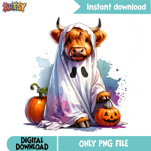 Halloween Highland Cow Ghost PNG, Spooky Cow Clipart, Halloween PNG