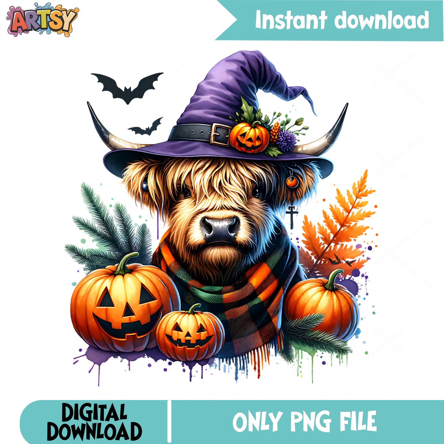 Halloween Highland Cow PNG, Witch Hat Pumpkin PNG, Fall PNG