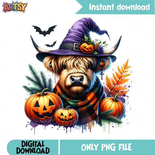 Halloween Highland Cow PNG, Witch Hat Pumpkin PNG, Fall PNG