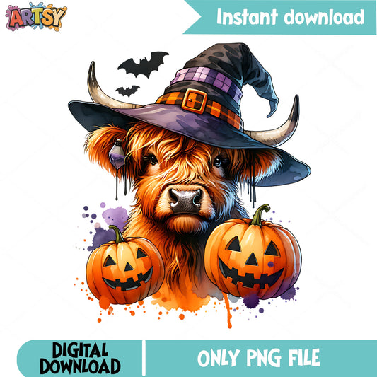 Halloween Highland Cow Witch PNG, Pumpkin Cow PNG, Fall PNG