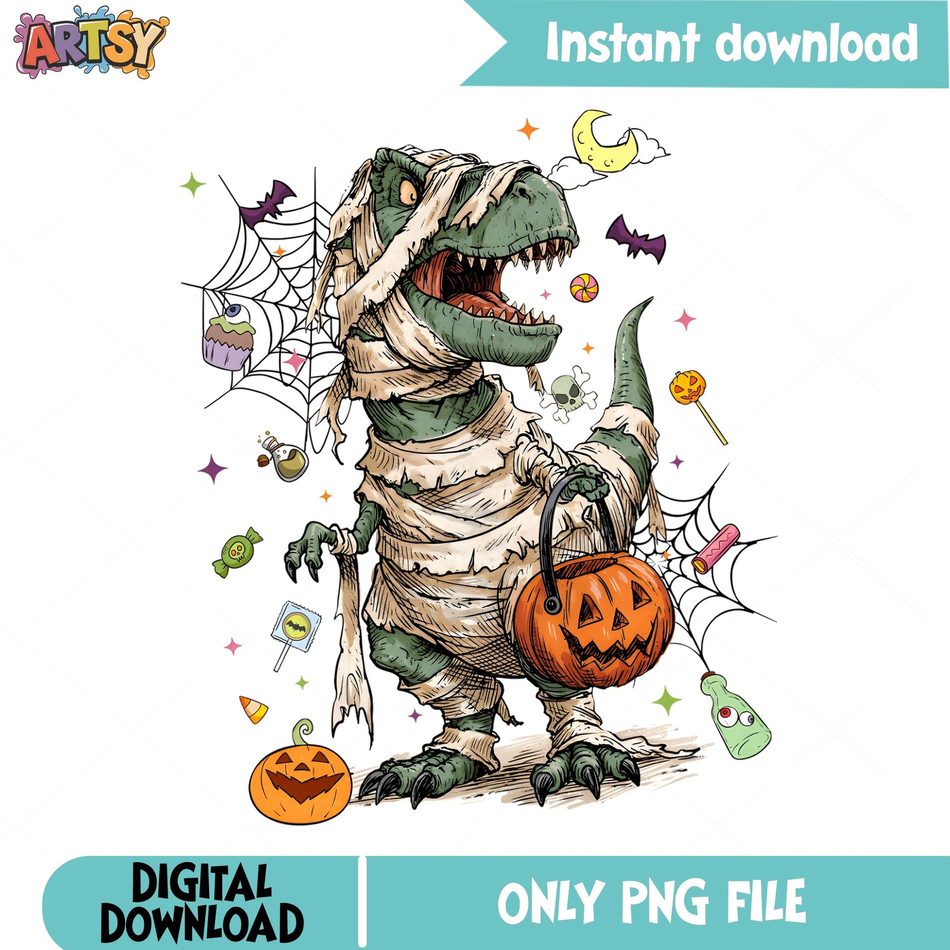 Halloween Mummy T-Rex PNG, Dinosaur Halloween PNG, Spooky PNG