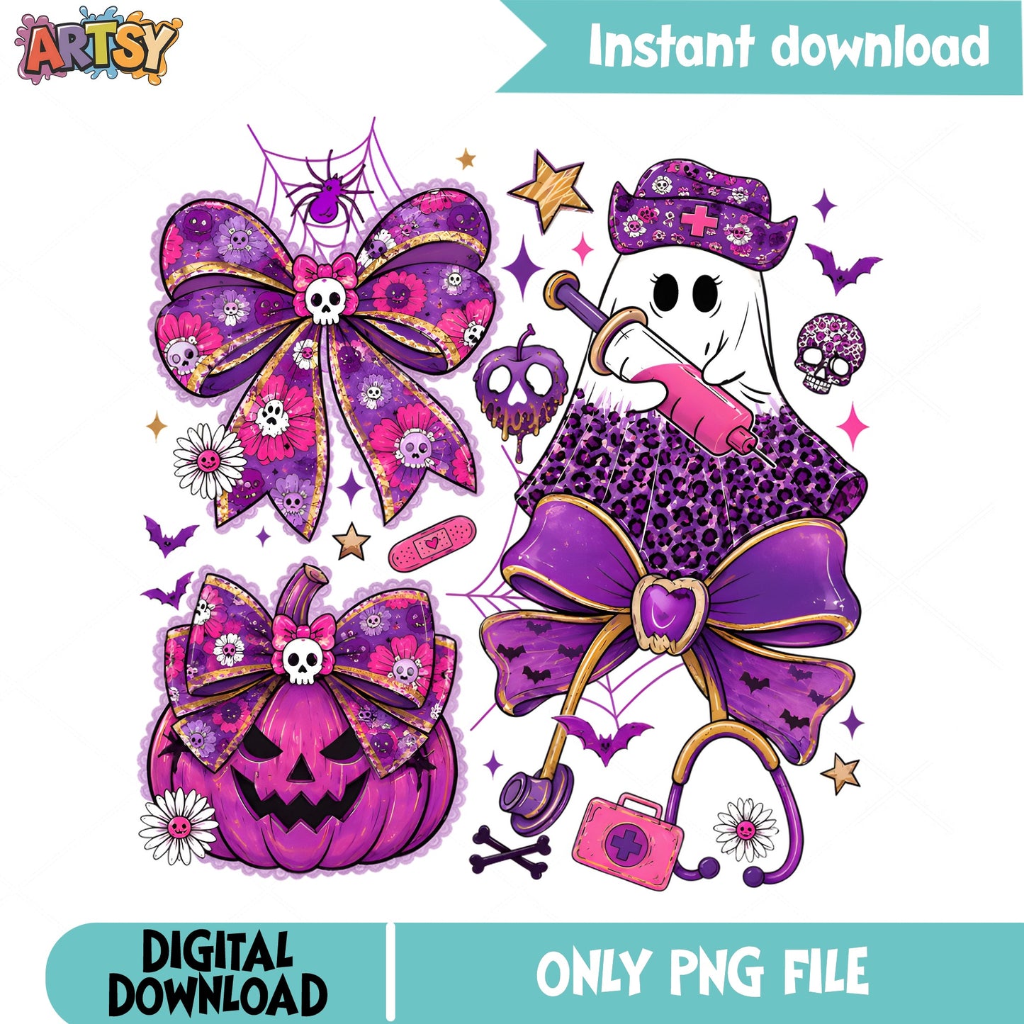 Halloween Nurse Ghost Coquette Bow PNG, Pumpkin Halloween PNG, Spooky PNG