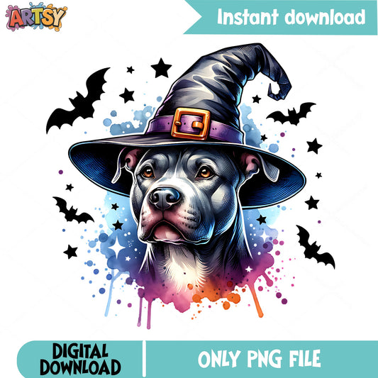 Halloween Pitbull Witch Hat PNG, Spooky Dog Watercolor PNG, Halloween PNG