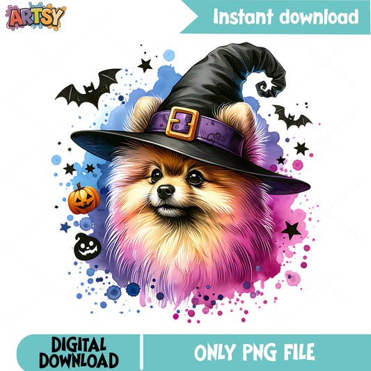 Halloween Pomeranian Witch PNG, Cute Dog Halloween PNG, Spooky Dog PNG