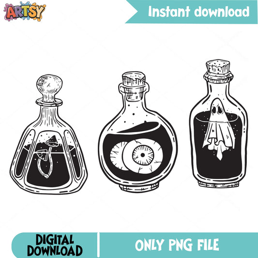Halloween Potion Bottle PNG Bundle, Spooky Ghost Eyeball PNG, Witch PNG