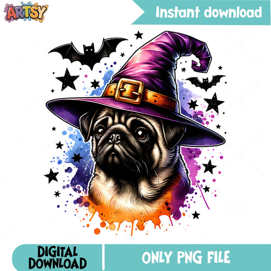 Halloween Pug Witch Hat PNG, Cute Dog Halloween PNG, Pug PNG