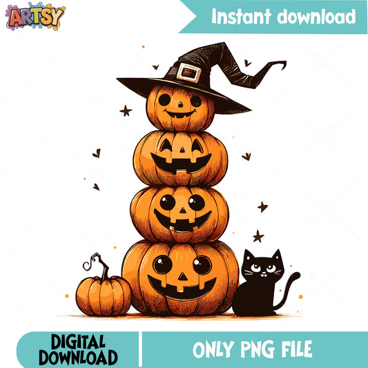 Halloween Pumpkin Stack Witch Hat PNG, Black Cat PNG, Jack O Lantern PNG