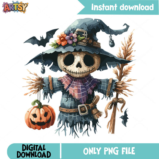 Halloween Scarecrow Witch PNG, Pumpkin Bat Clipart PNG, Fall PNG