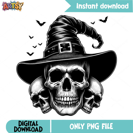 Halloween Skull Witch Hat PNG, Spooky Skulls Bats PNG, Halloween PNG
