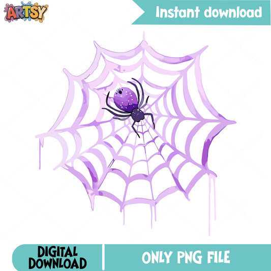 Halloween Spider Web PNG, Purple Watercolor Spider Clipart, PNG