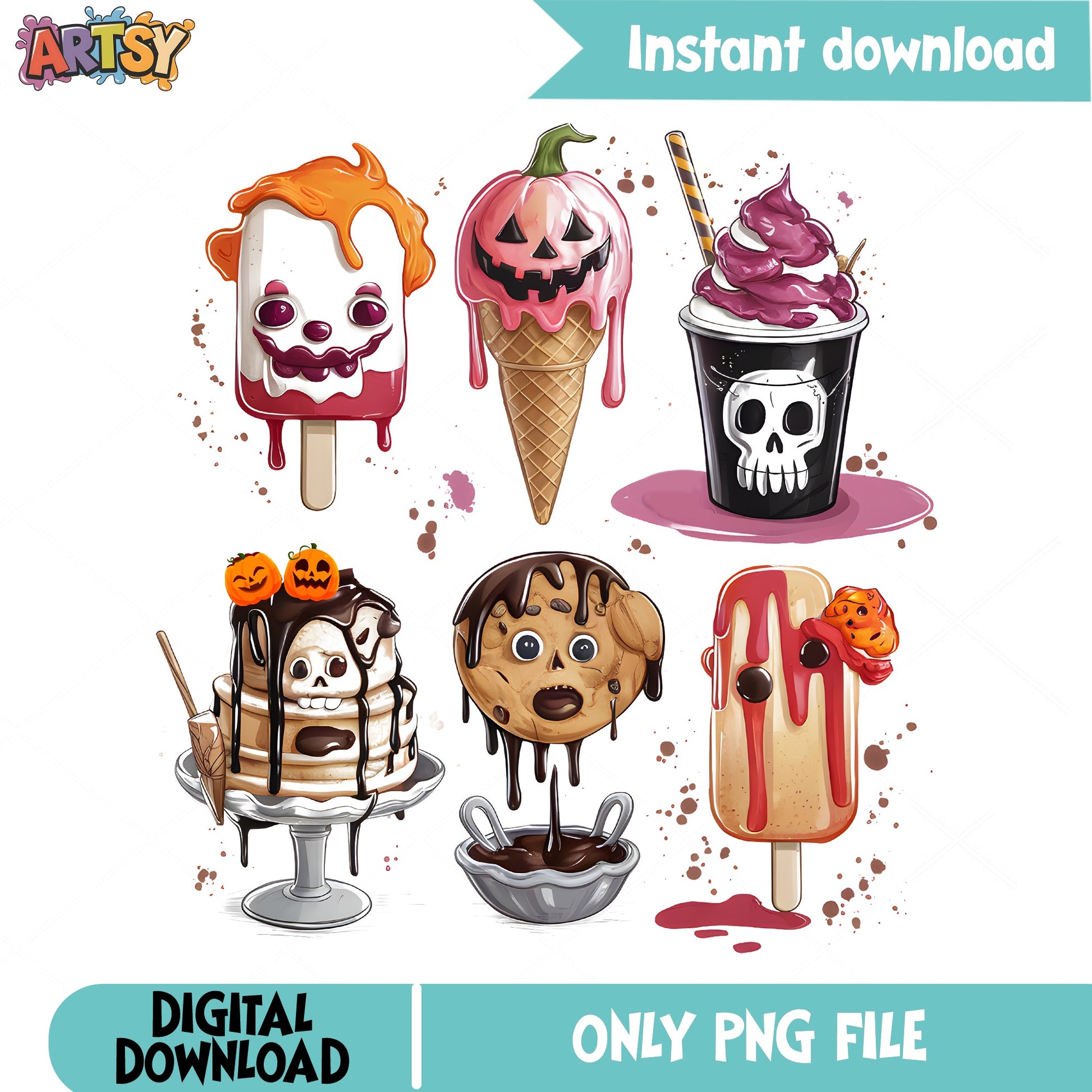 Halloween Spooky Food Clipart PNG Bundle, Cute Halloween PNG, Ice Cream PNG