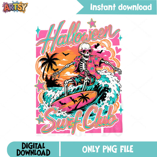 Halloween Surf Club Skeleton PNG, Surfing Skeleton, Halloween PNG