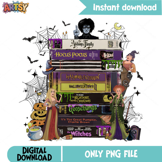 Halloween VHS Stack PNG, Hocus Pocus Halloween PNG, Spooky Movie PNG