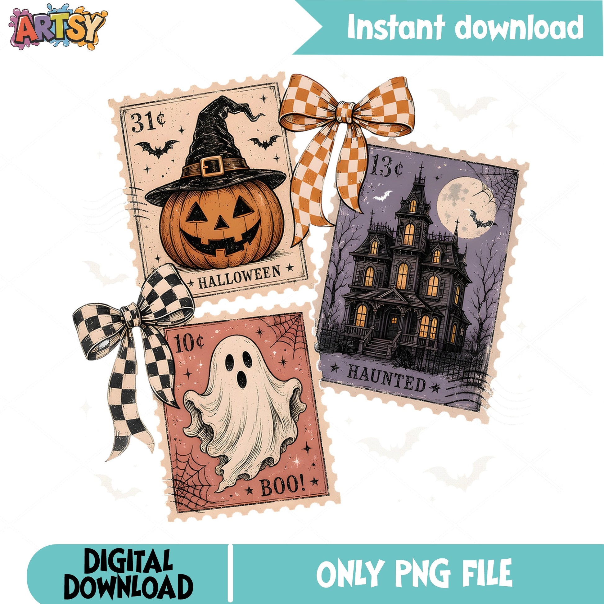 Halloween Vintage Stamp PNG, Retro Ghost Pumpkin PNG, Haunted House PNG