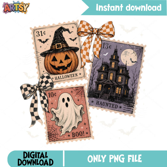 Halloween Vintage Stamp PNG, Retro Ghost Pumpkin PNG, Haunted House PNG