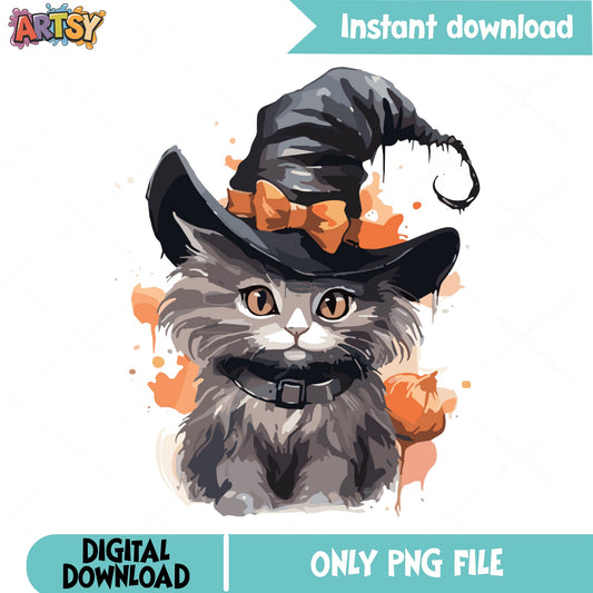 Halloween Witch Cat PNG, Cute Cat Witch Hat PNG, Halloween PNG