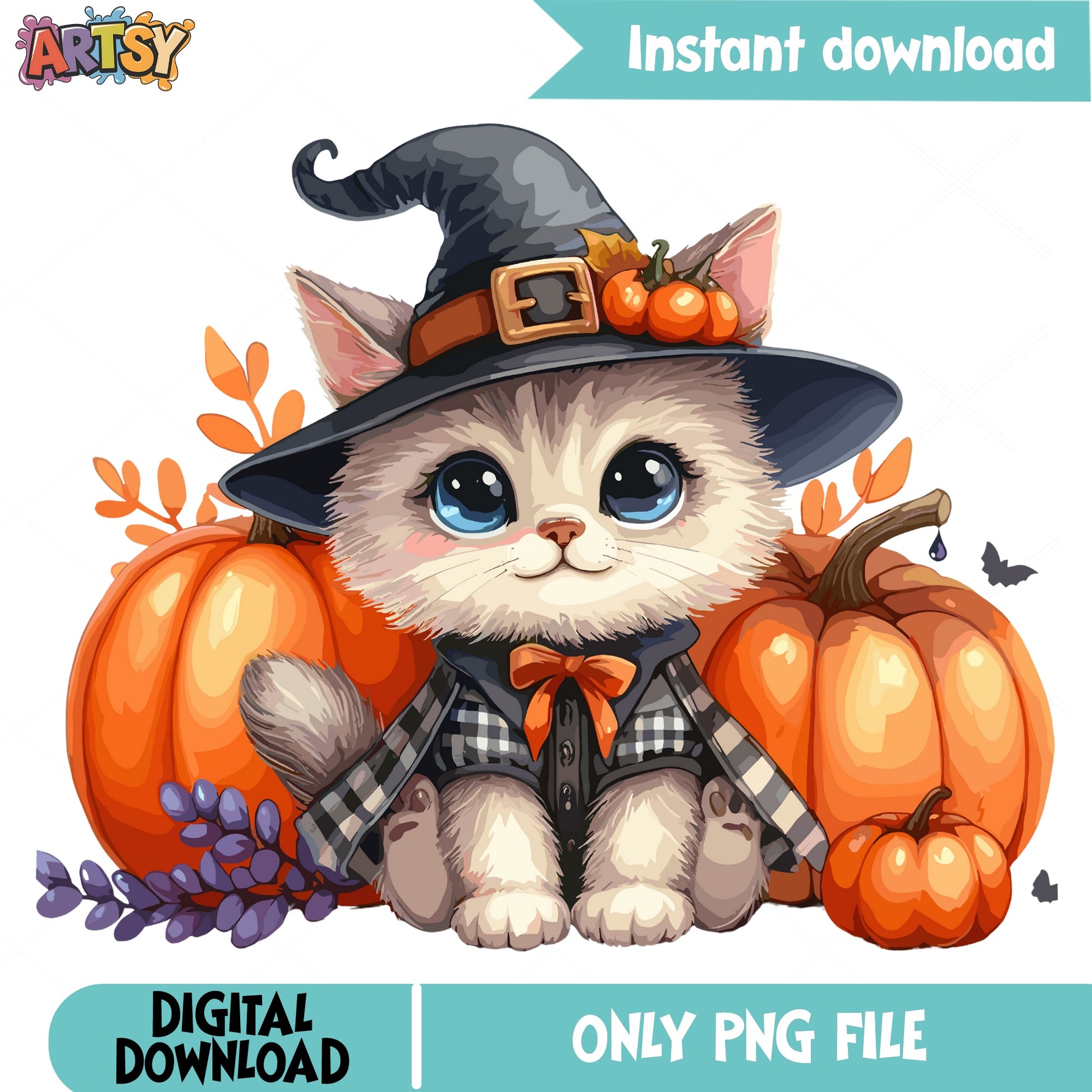Halloween Witch Cat PNG, Cute Kitten Pumpkin PNG, Fall Cat PNG