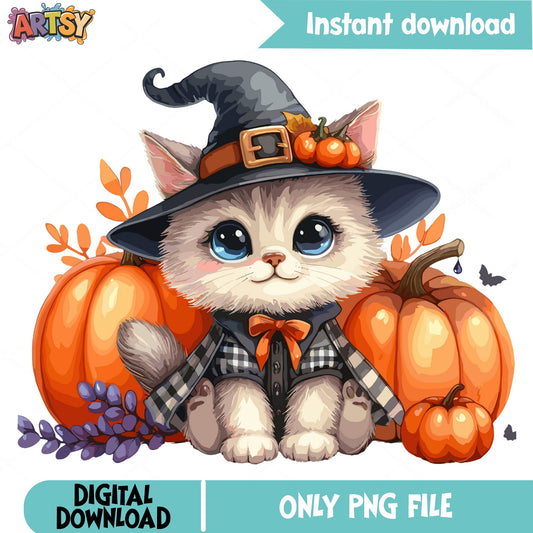 Halloween Witch Cat PNG, Cute Kitten Pumpkin PNG, Fall Cat PNG