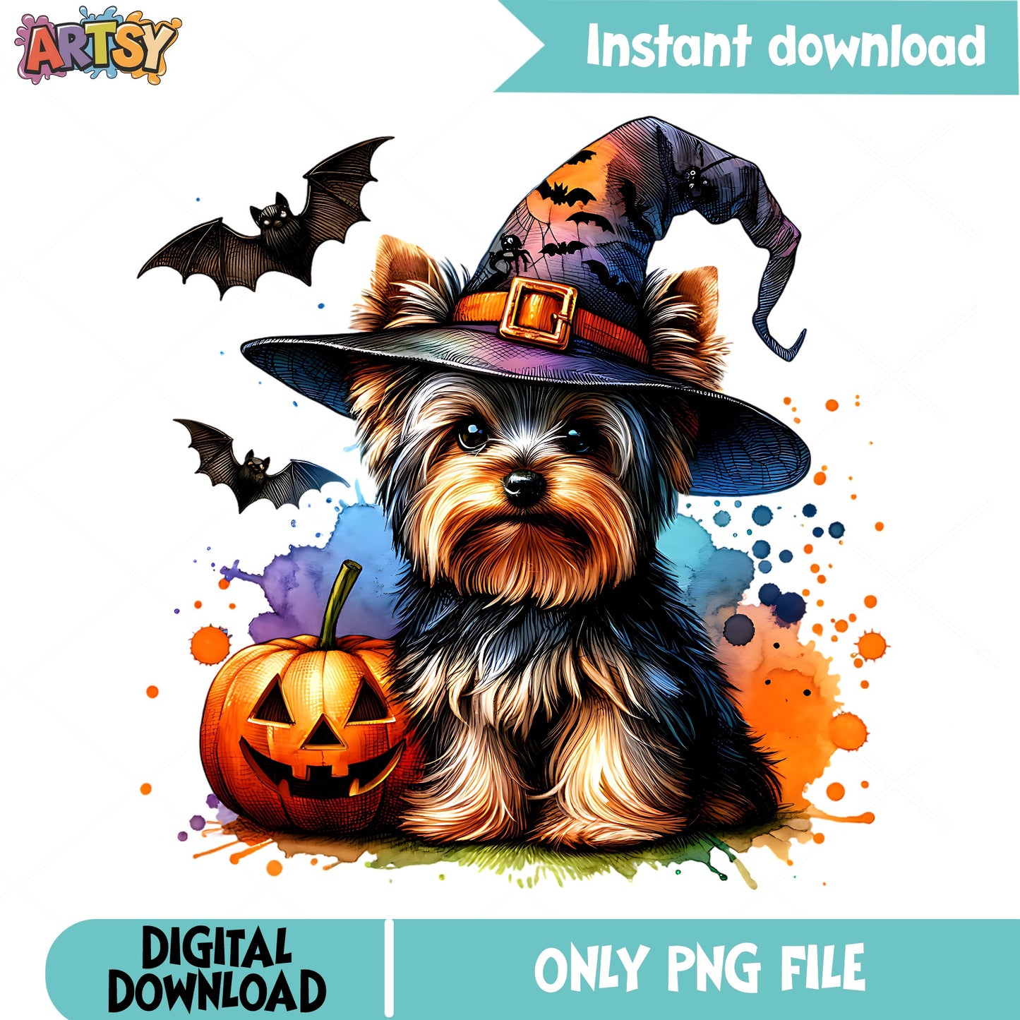 Halloween Yorkie Witch PNG, Yorkshire Terrier Halloween PNG, Dog PNG