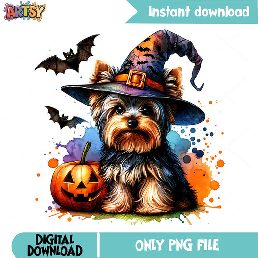 Halloween Yorkie Witch PNG, Yorkshire Terrier Halloween PNG, Dog PNG