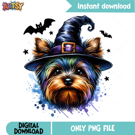 Halloween Yorkshire Terrier Witch Hat PNG, Yorkie Dog PNG, Halloween PNG