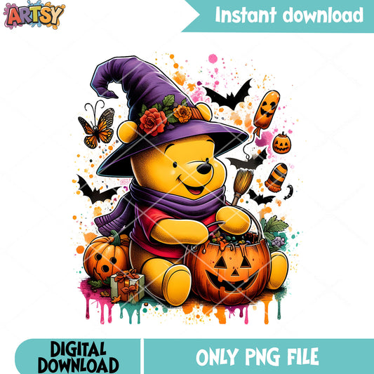 Halloween candy hunting png, spooky pooh bear png, disney halloween png