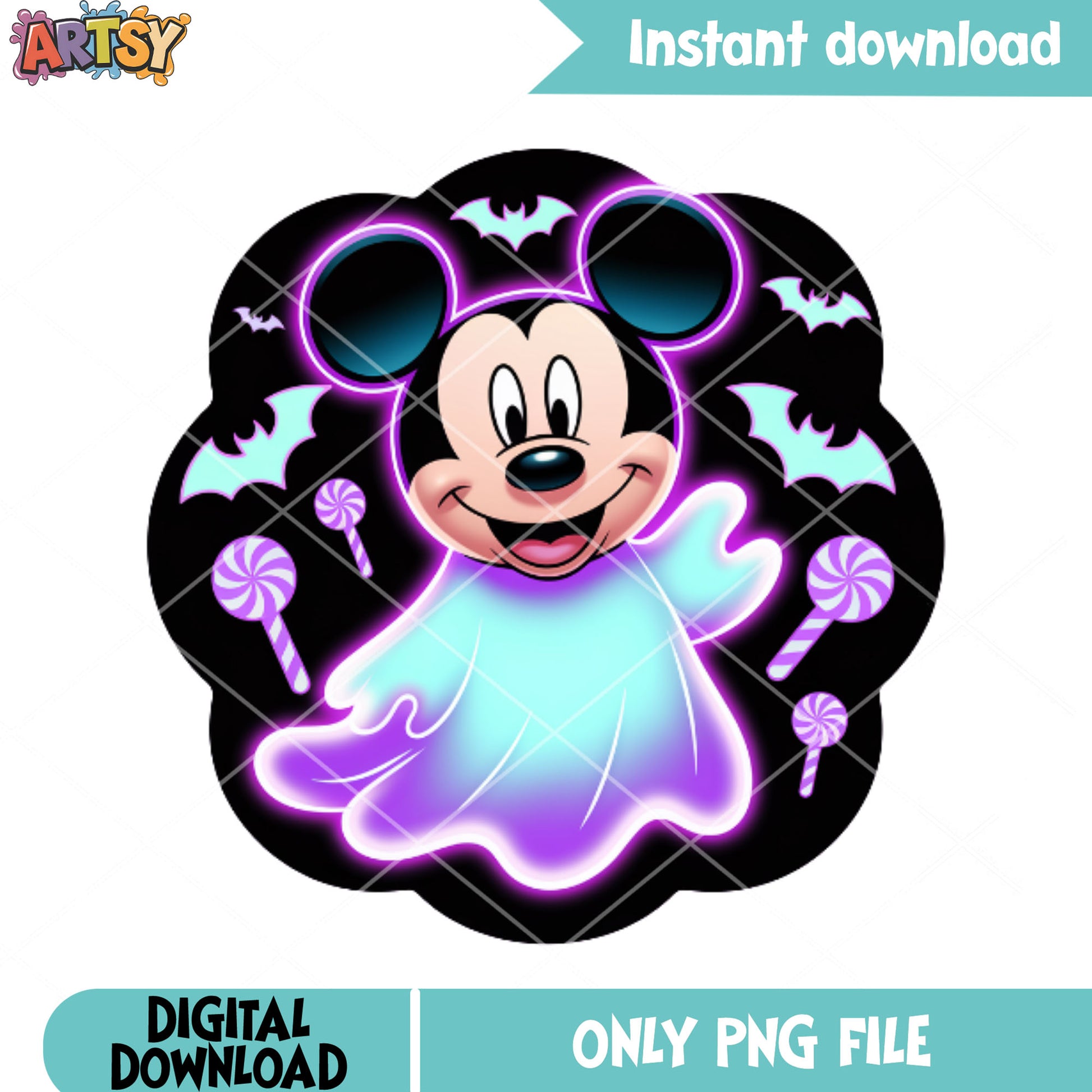 Halloween disney art png, candy cane png, mickey mouse png