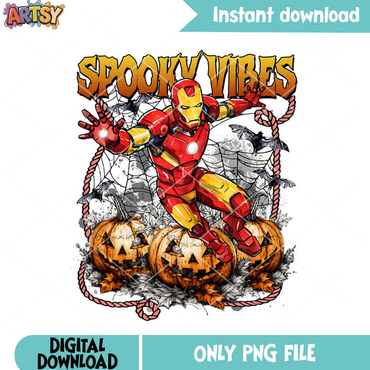 Halloween pumpkin iron man png, spooky vibes png, marvel halloween png
