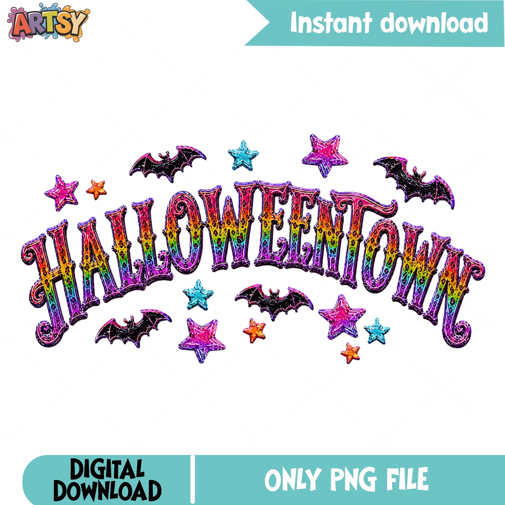 Halloweentown Rainbow Leopard PNG, Halloween PNG, Bat Stars PNG
