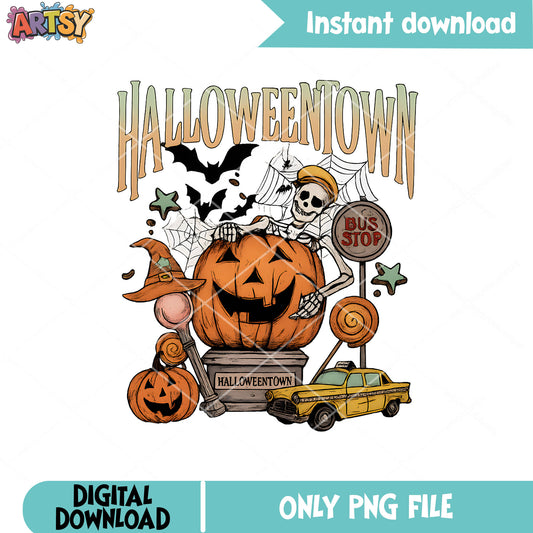 Halloween town design png, pumpkin halloween png, skeleton pumpkin png