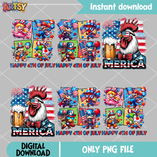 Happy 4th july png bundle, love america png, cartoon 4th of july png