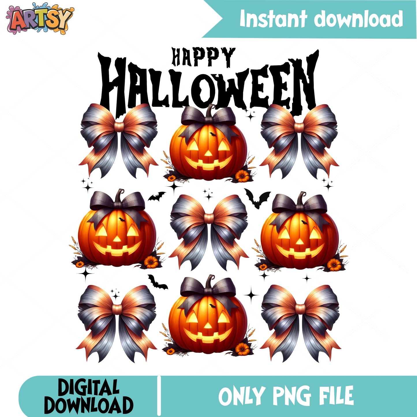 Happy Halloween Pumpkin Bow PNG, Jack O Lantern PNG, Coquette PNG
