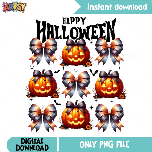 Happy Halloween Pumpkin Bow PNG, Jack O Lantern PNG, Coquette PNG