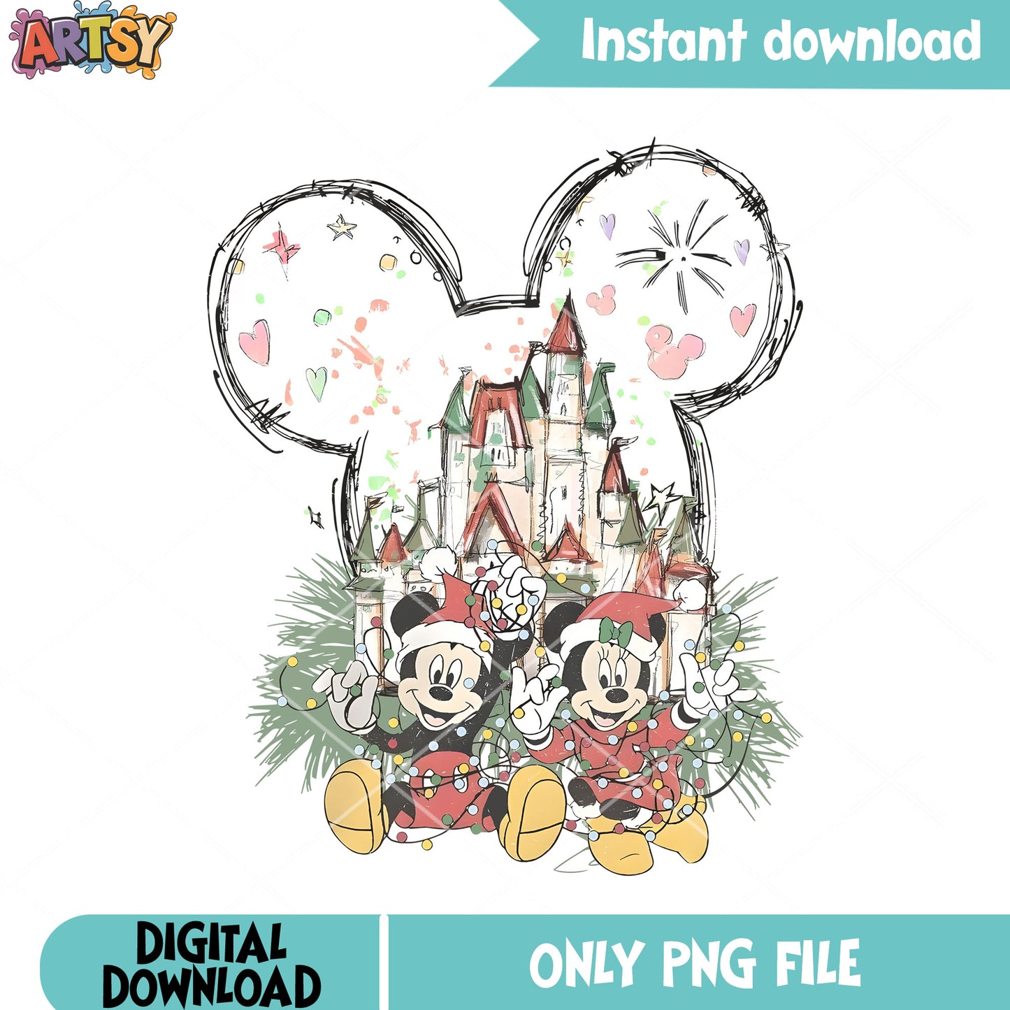 Happy castle disney png, mickey and friends png, christmas ​lights png