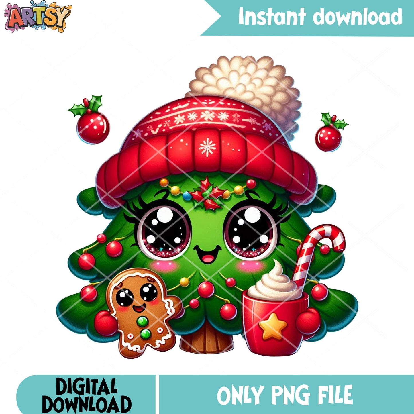 Happy chibi xmas tree png, christmas vibes png, christmas coffee png