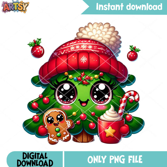 Happy chibi xmas tree png, christmas vibes png, christmas coffee png