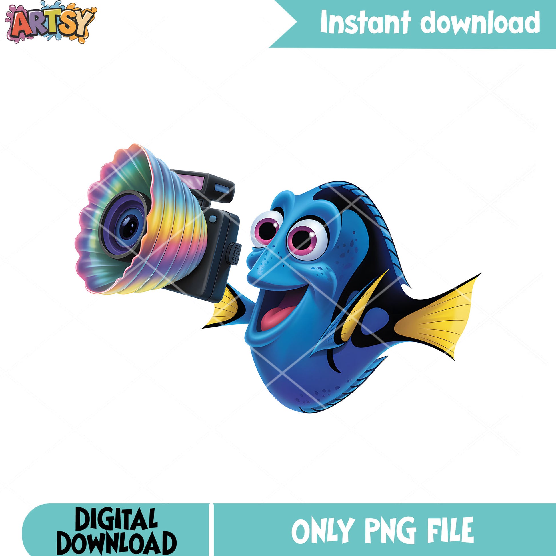 Happy doryy with a camera png, disney dory png, dory fish png