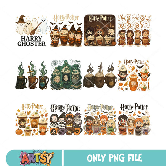 Harry potter coffee png bundle, harry potter chibi png, harry potter png