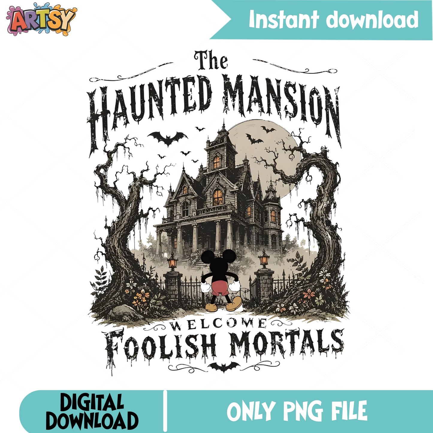 Haunted Mansion Mickey Mouse PNG, Disney Halloween PNG, Foolish Mortals PNG