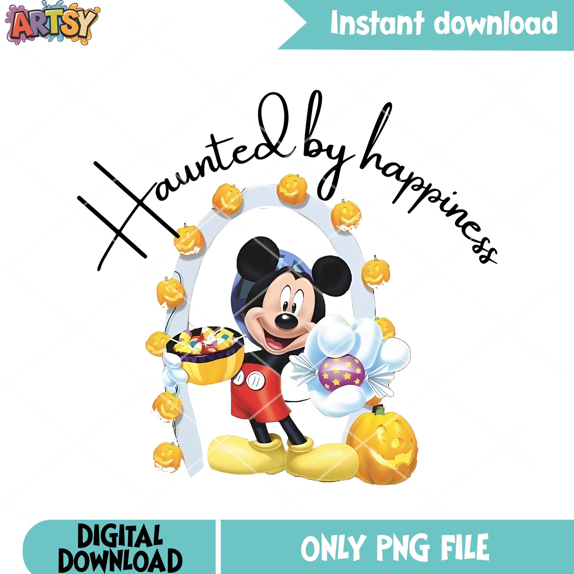 Haunted by happiness png, mickey mouse png, wicker pumpkin png