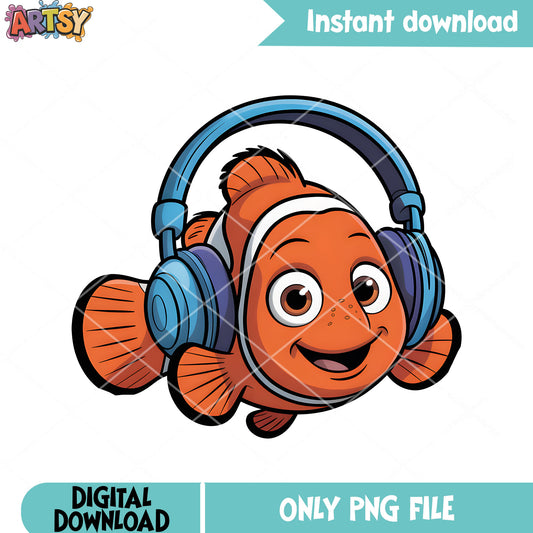 Headphone teenage nemo png, disney poster png, clownfish nemo png