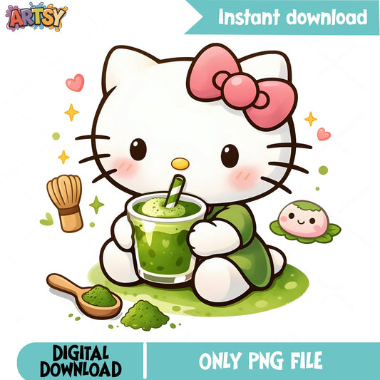 Hello Kitty Matcha Latte PNG, Sanrio Kawaii PNG, Cute Cat PNG