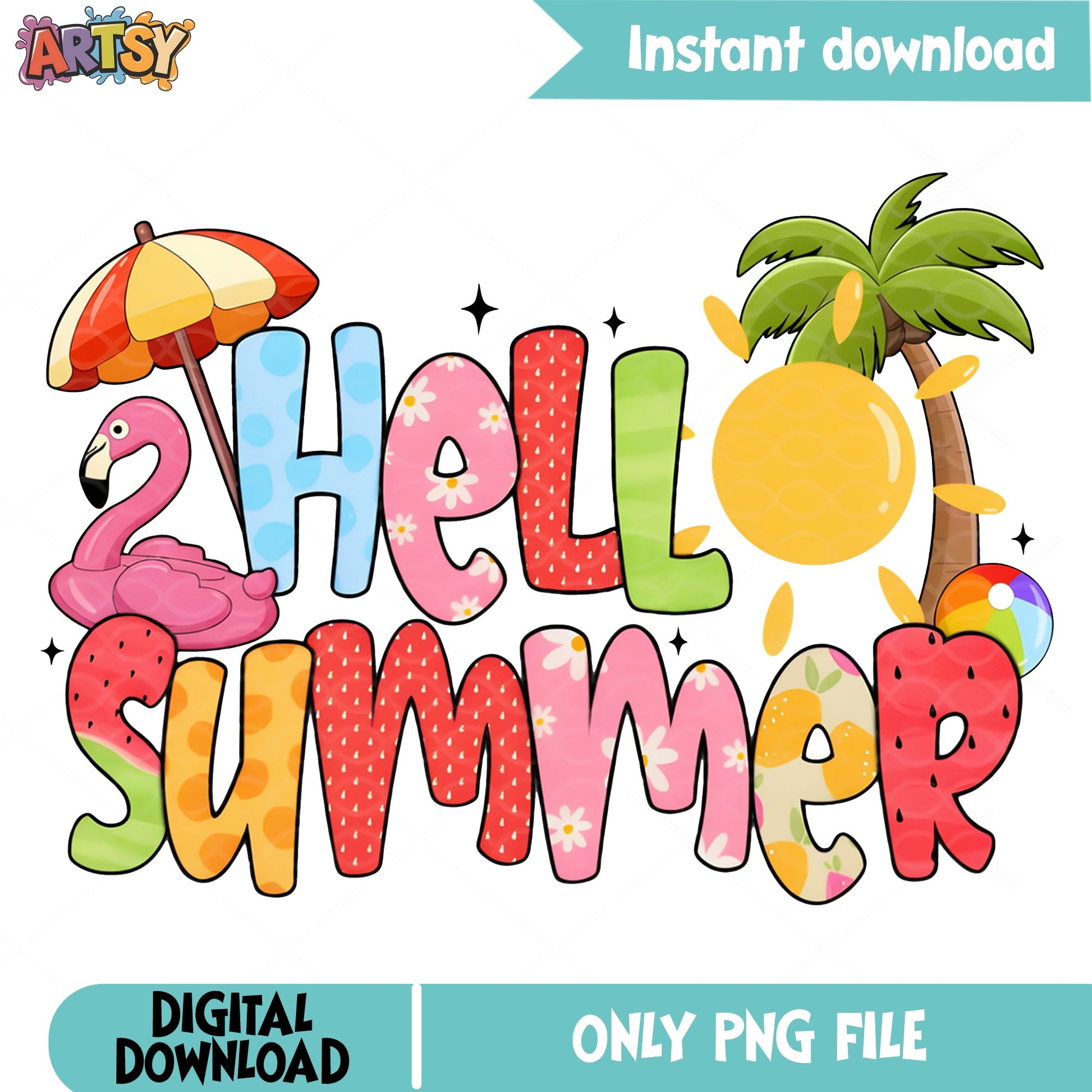 Hello Summer PNG, Flamingo Beach Summer Vibes PNG, Sublimation PNG