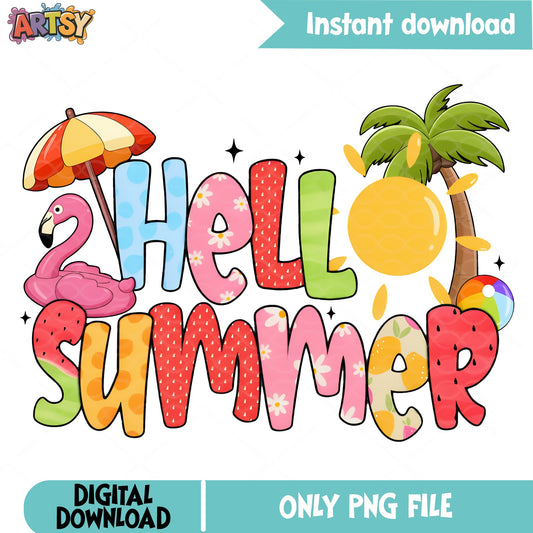Hello Summer PNG, Flamingo Beach Summer Vibes PNG, Sublimation PNG