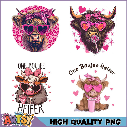 Highland Cow PNG Bundle Pink, Cute, High Quality