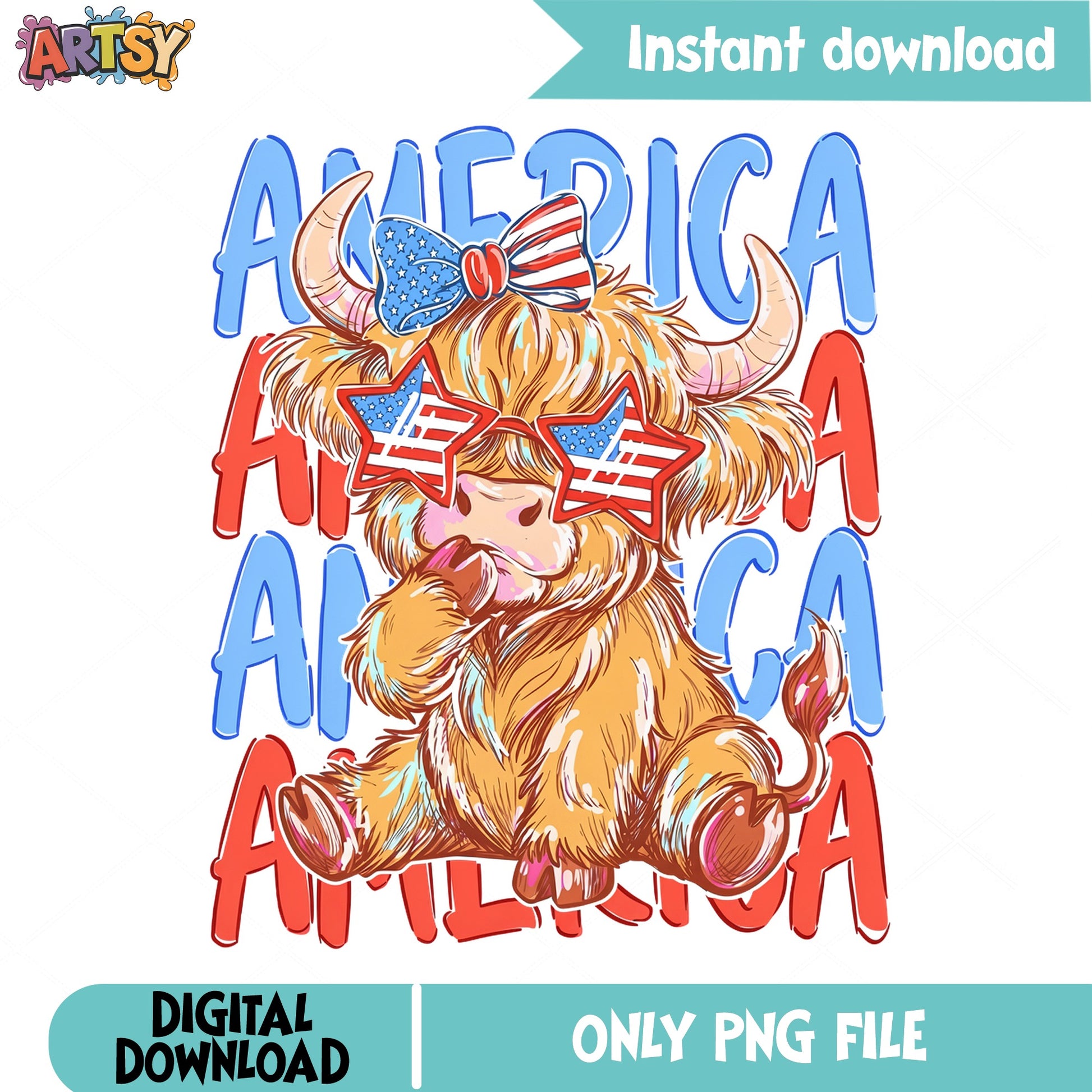 Highland Cow America 4th Of July PNG, Patriotic Cow PNG, USA PNG