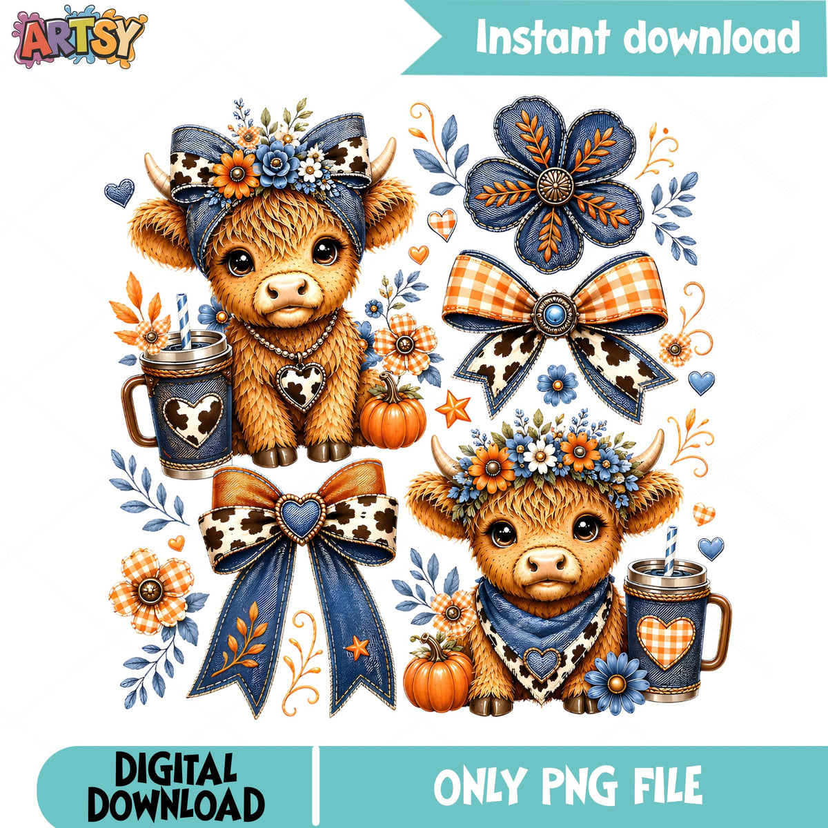 Highland Cow Fall PNG, Coquette Bow Pumpkin PNG, Western PNG