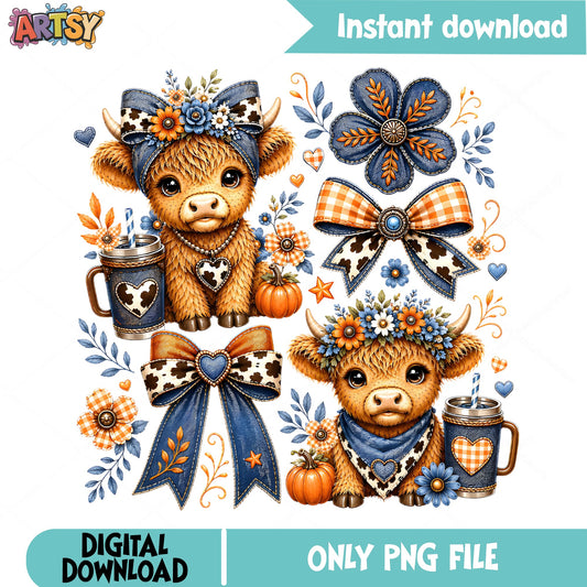Highland Cow Fall PNG, Coquette Bow Pumpkin PNG, Western PNG