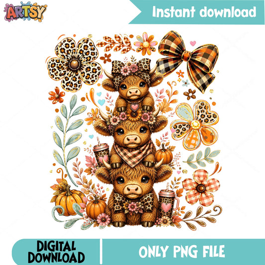 Highland Cow Fall PNG, Floral Pumpkin Autumn Cow, Western PNG