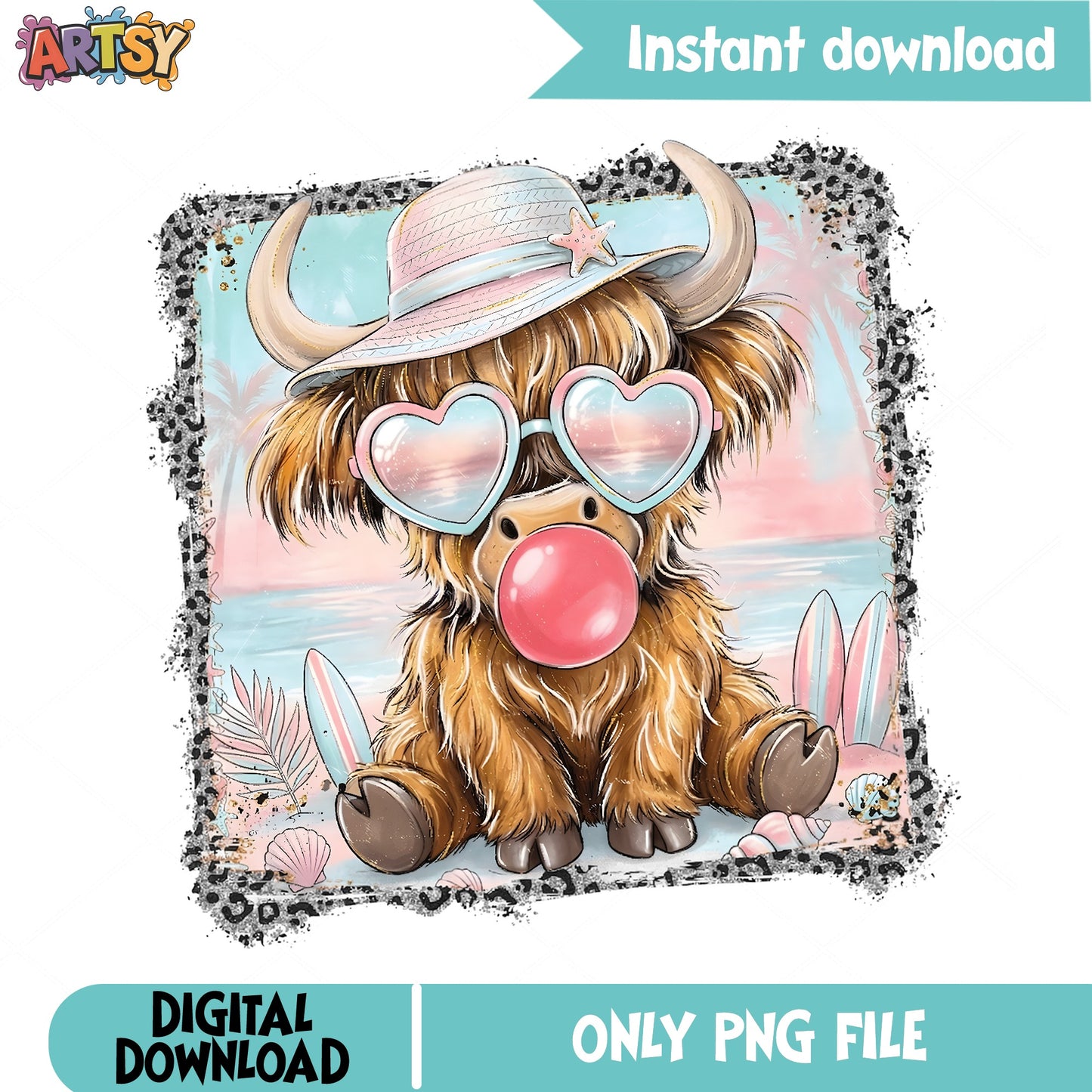 Highland Cow Summer Beach PNG, Bubble Gum Cow PNG, Cute Cow PNG
